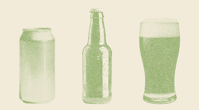 Set of stippled beer elements in retro style. Can, bottle, glass. Photocopy effect, vintage dotted texture. Perfect for craft beer branding, packaging, illustrations in bars, breweries, and pubs.