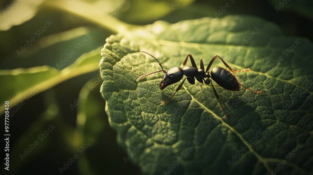 Poster A high-resolution image of a single ant on a green leaf, showcasing its fine details and texture as it explores its environment in a natural setting.