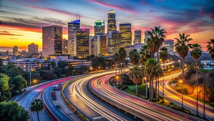 Fototapeta premium Vibrant cityscape at dusk, showcasing the 110 South Freeway's illuminated curves and bustling traffic, with modern