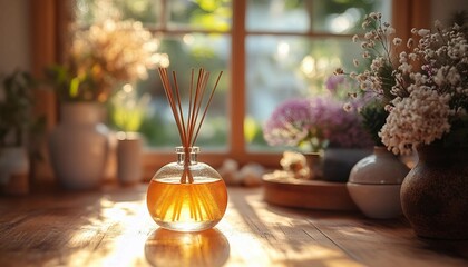 Fototapeta premium Reed Diffuser with a Zen Design in a Meditative Space with Soft Lighting and Tranquil Elements, reed diffuser in a serene, aroma reed diffuser