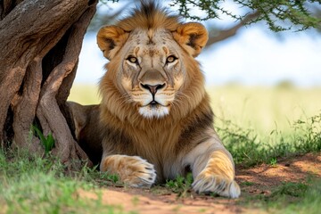 Kenya lion resting in the shade of an acacia tree, surveying its territory in the midday heat