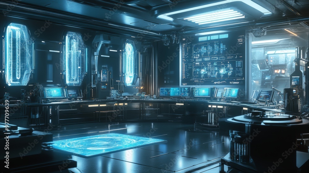 Poster futuristic laboratory with holographic display and advanced technology.