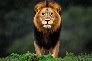 Kenya lion standing in the rain, its mane soaked but its stance unwavering, representing the untamed beauty of the wild