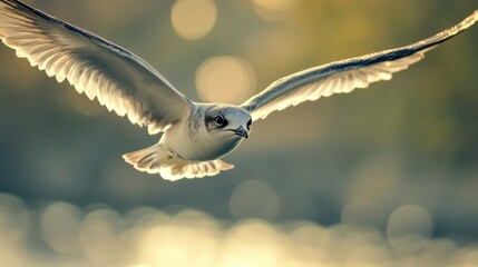 A high-resolution photo of a bird flying close to the camera, with its beak and eyes prominently featured, showcasing the bird natural beauty and precision.