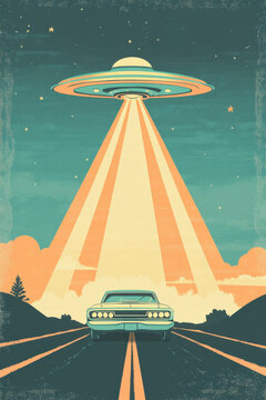 Vintage style illustration of a ufo hovering over a car on a deserted highway, casting a beam of light