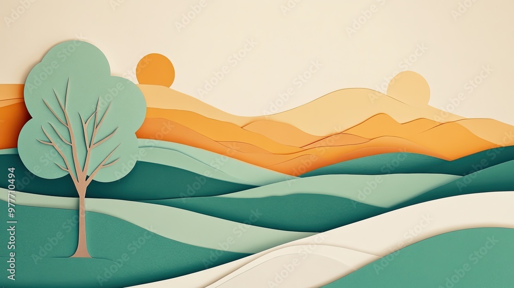 Poster a clean and modern paper cutout scene with simple shapes and muted tones, providing open copy space 