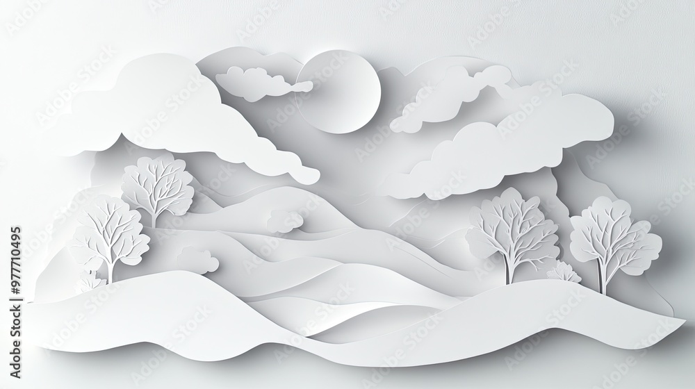 Poster a clean and modern paper cutout scene with simple shapes and muted tones, providing open copy space 