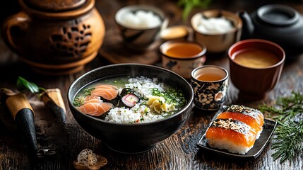 Delicious Japanese meal featuring fresh sushi, noodles, and traditional tea on a rustic table setting.
