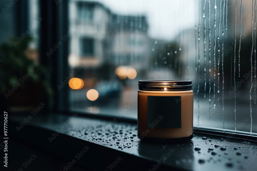 Wall mural A lit candle mockup is positioned on a windowsill with raindrops on the window. The scene creates a cozy and relaxed atmosphere with blurred city lights in the background.