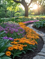 Fototapeta premium A vibrant garden path lined with colorful flowers in a well-kept landscape.