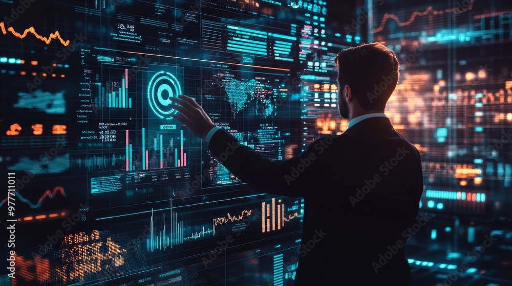 Poster businessman analyzing data on large screens.