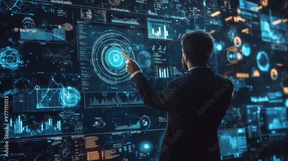 Poster businessman analyzing data on a futuristic digital display.