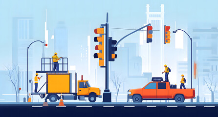 City Traffic Maintenance Worker Fixing Traffic Light on Busy Urban Street