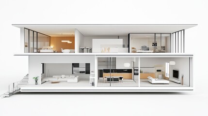 A detailed technical cutaway view of a modern, minimalist white home, highlighting clean lines and functional design elements.
