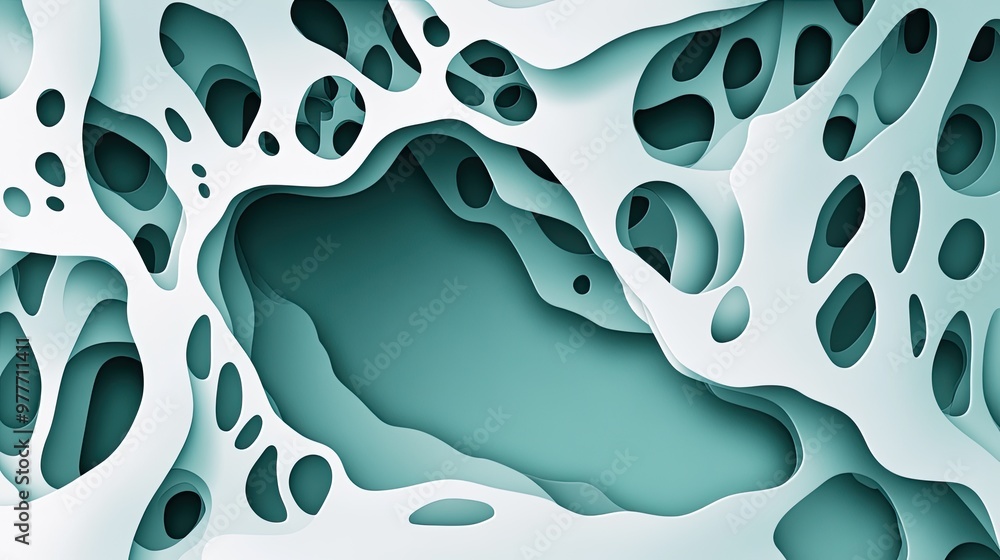 Poster a dynamic paper cutout scene with layers of intricate shapes and shadows, leaving a central blank ar