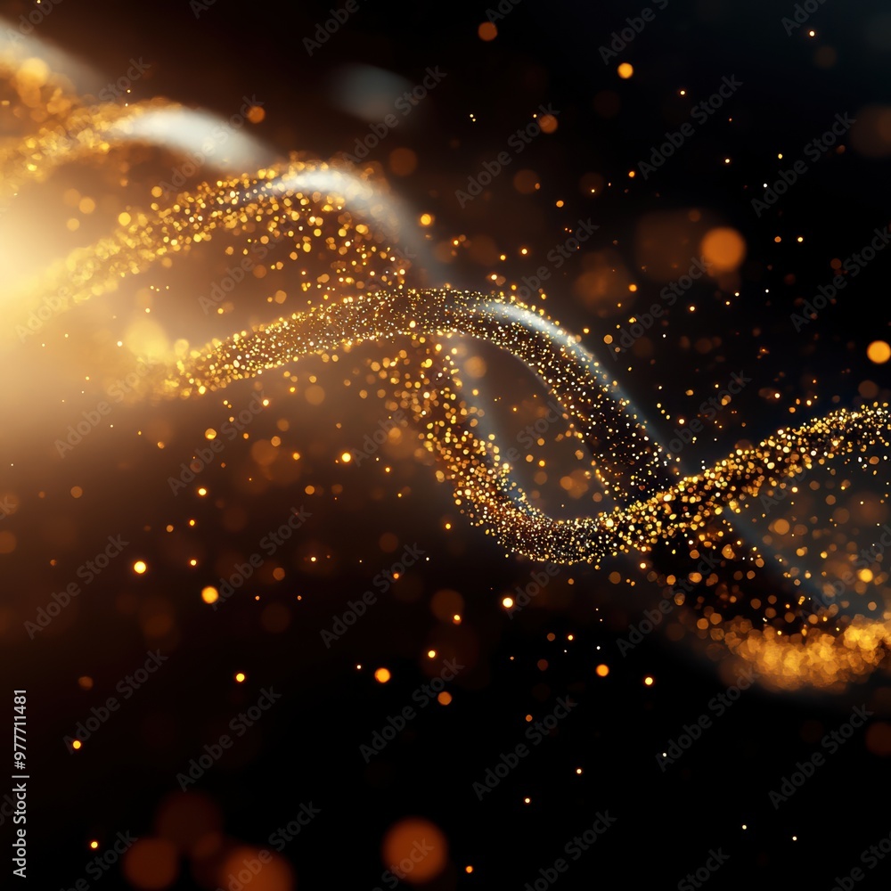 Poster a shimmering wave of golden particles glowing against a dark backdrop, creating a mesmerizing sense 