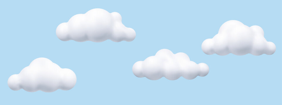 3D white cloud set, in the blue sky. Cartoon cute clouds in bubble shape. Plasticine 3d weather icons, render style. Trendy fluffy clouds. Vector illustration.