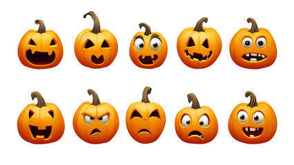set of Halloween pumpkins,  cute Halloween carved pumpkin clipart sheet with different expressions , removed background