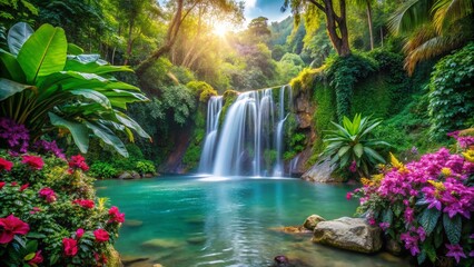 Vibrant colors depict a serene paradise with lush greenery, vibrant flowers, and a shimmering waterfall, evoking a