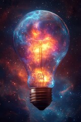 Light Bulb Floating Through the Cosmos with Bioluminescent Glow