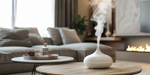 aromatherapy, modern aroma diffuser and humidifier on the coffee table, cozy minimalistic interior of a bright living room, gray, white, beige shades, a place to relax,  improving air quality