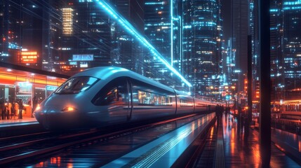 Fototapeta premium A high-speed train arriving at a busy urban station, with commuters boarding and city lights reflecting off the train's windows.