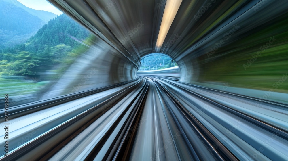 Poster a high-speed train at full speed, passing through a tunnel in a mountainous region, with blurred mot