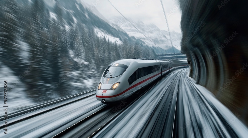 Poster a high-speed train at full speed, passing through a tunnel in a mountainous region, with blurred mot
