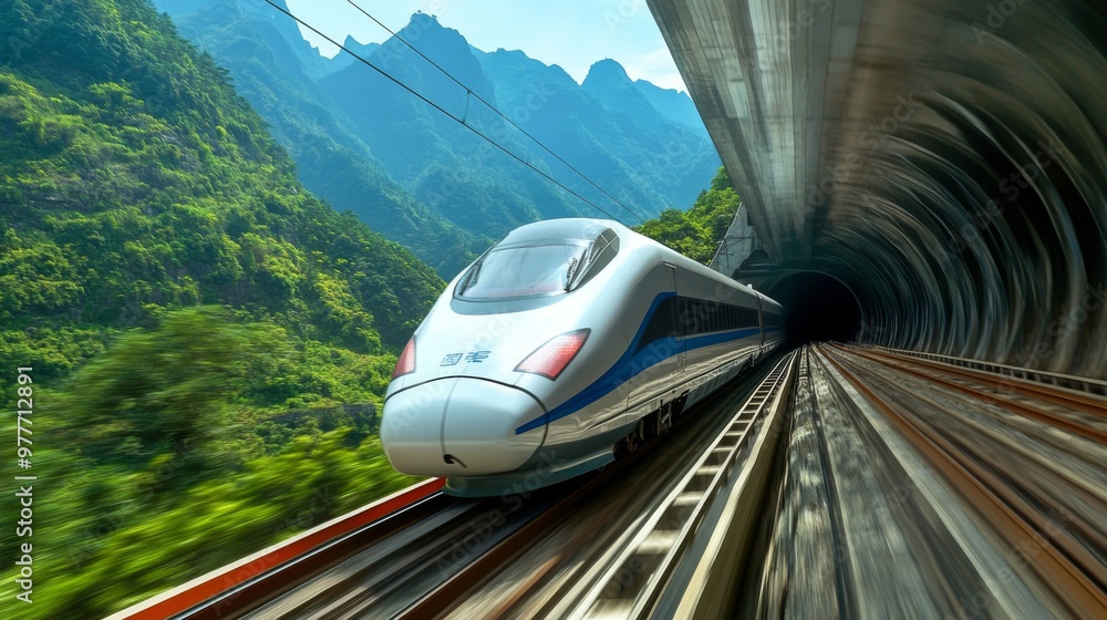 Poster a high-speed train at full speed, passing through a tunnel in a mountainous region, with blurred mot