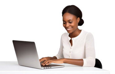 African American woman computer sitting working.
