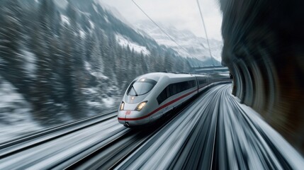 Obraz premium A high-speed train at full speed, passing through a tunnel in a mountainous region, with blurred motion capturing the sense of speed.
