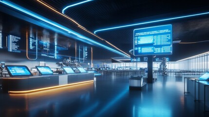 Obraz premium Futuristic Interior Design with Blue Neon Lights and Digital Displays.