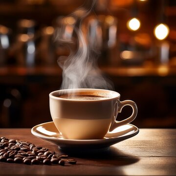A steaming cup of coffee in a cozy coffee bar, captured in the morning light, evoking a warm and inviting atmosphere.