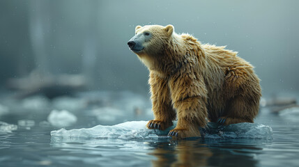 Fototapeta premium A polar bear on a melting ice floe, symbolizing the effects of global warming