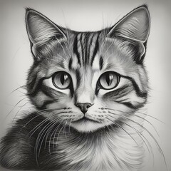 Black and white pencil illustration of a cute cat’s face, close-up and melancholic, capturing a sense of gentle sadness.