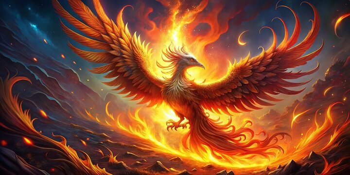 Vibrant digital illustration of a majestic phoenix rising from ashes, surrounded by swirling flames and intricate