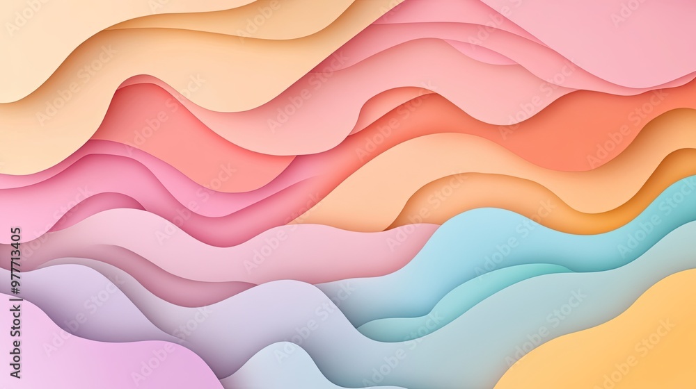 Poster a pastel-colored paper cutout design with fluid lines and abstract shapes, leaving wide-open copy sp