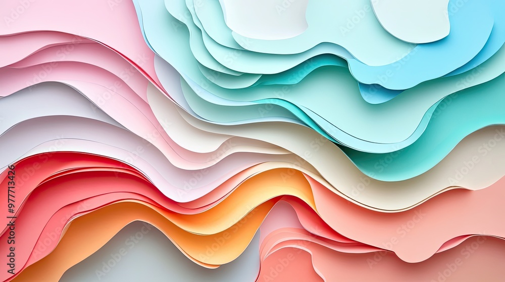 Poster a pastel-colored paper cutout design with fluid lines and abstract shapes, leaving wide-open copy sp