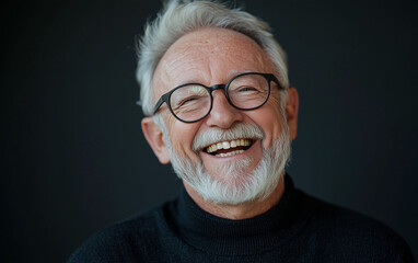 Obraz premium An elderly man with gray hair and a beard, smiling joyfully while wearing glasses and a dark sweater, radiating warmth and happiness with a sense of contentment and wisdom.
