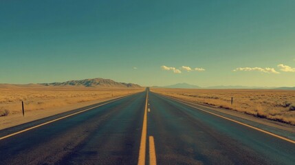 Fototapeta premium A highway stretching into the horizon with a vanishing point, surrounded by open fields or desert, emphasizing the sense of distance and travel.
