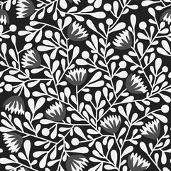 Black and white abstract floral hand-drawn drawing.Seamless pattern.