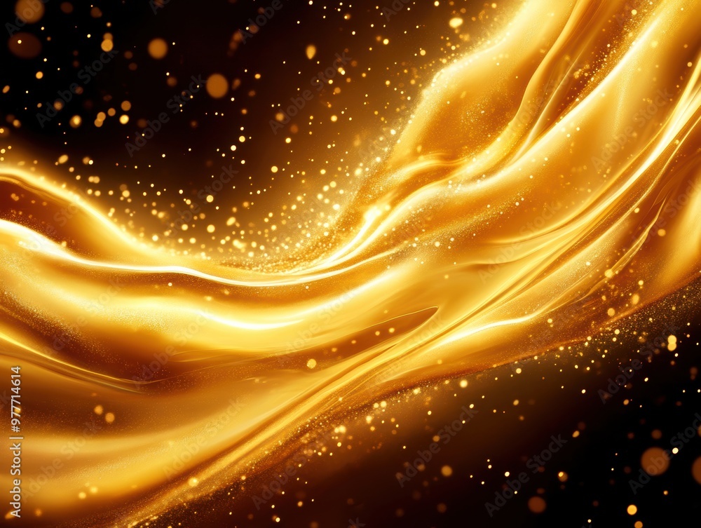 Poster a stunning abstract background featuring shimmering gold waves and sparkling particles, perfect for 