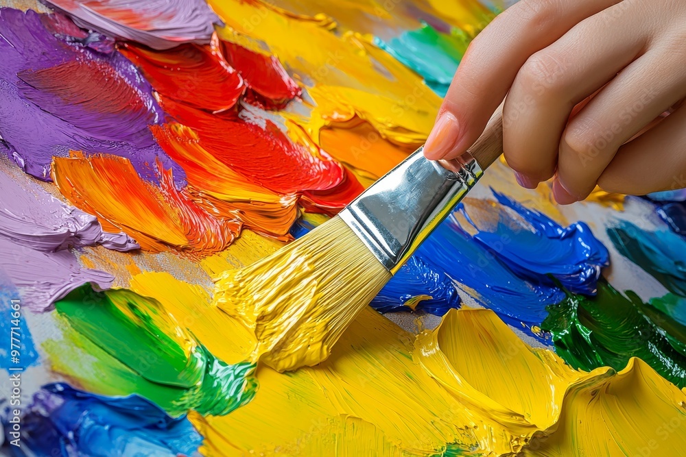 Poster paintbrush with bold vibrant paint strokes on canvas symbolizing artistic creativity and the dynamic