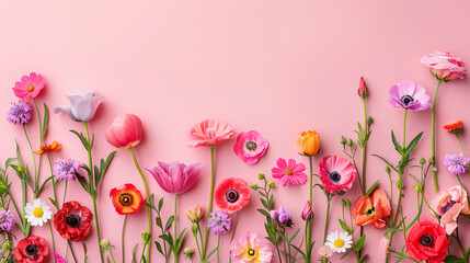 Gentle beautiful flowers on a pastel pink background with copyspace