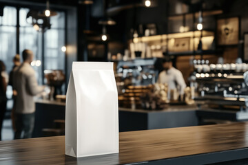 Empty white paper bag mockup on a wooden table in a modern coffee shop setting. The background features a barista and customers with blurred details, creating a warm and inviting atmosphere.