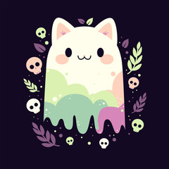 Cute cartoon ghost cat on dark background. Spooky flying spirit. Vector illustration. Halloween night. Kawaii character for design greeting card, banner, poster	