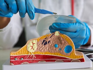 Doctor and rupture of breast silicone implant using anatomical model