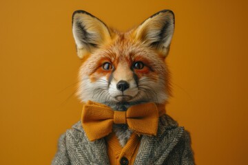Naklejka premium Fake fox wearing a suit and a bow tie, animal background