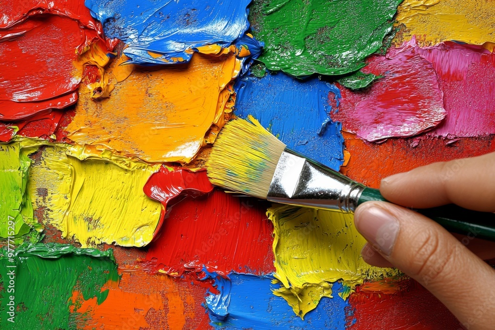 Poster close up of vibrant colorful paint strokes on canvas symbolizing artistic creativity and the interpl