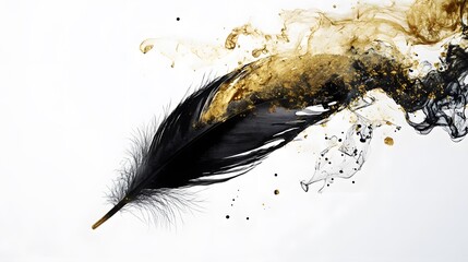 Feather Ink Dip: A feather suspended in mid-air, dipped in gold and black ink, with the ink dripping and mixing in the air. 
